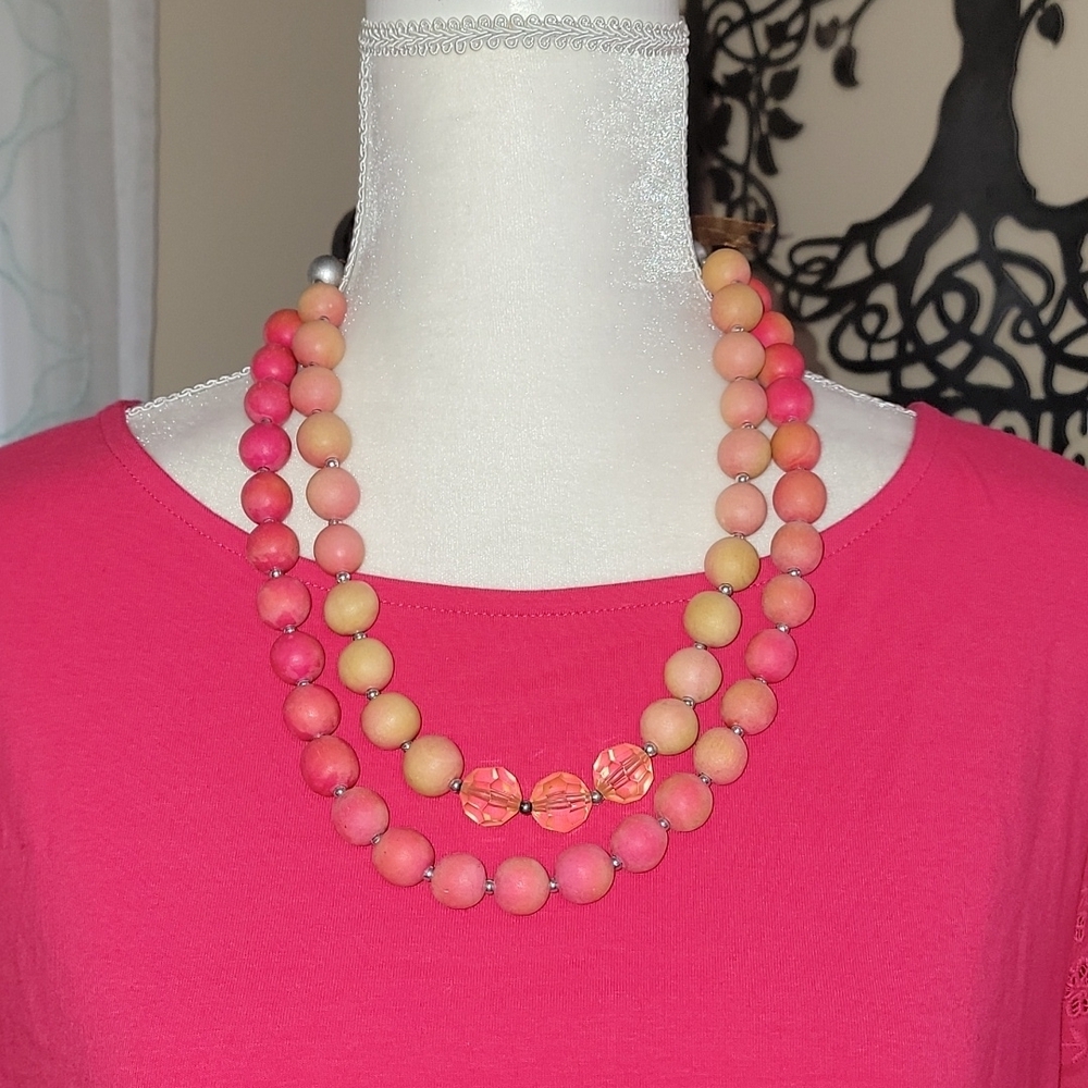 Wood & Acrylic Faceted Beaded Double Strand Fashion Necklace